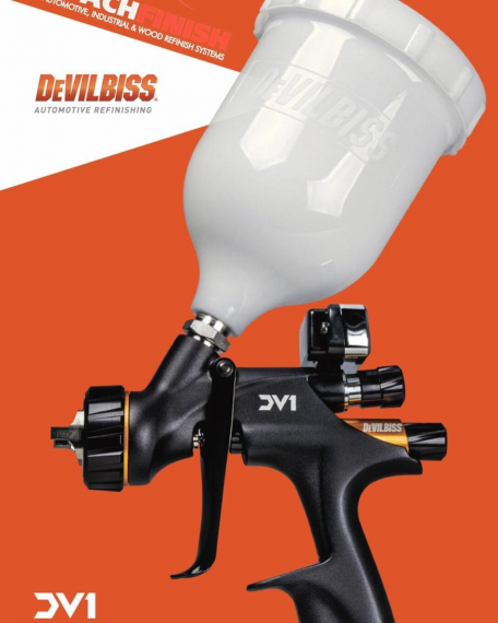 Краскораспылитель Devilbiss DV1 с верхним бачком, HVLP возд. головой C2+,  встроенным цифровым манометром, сопло 1.4 мм (нерж.)